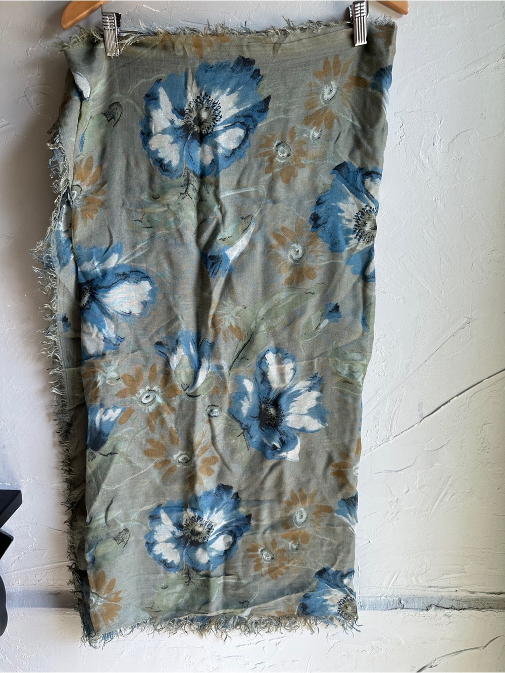 Italian Modal Floral Scarf Blue Poppies Art Botanical Romantic Boho Wrap 72x34